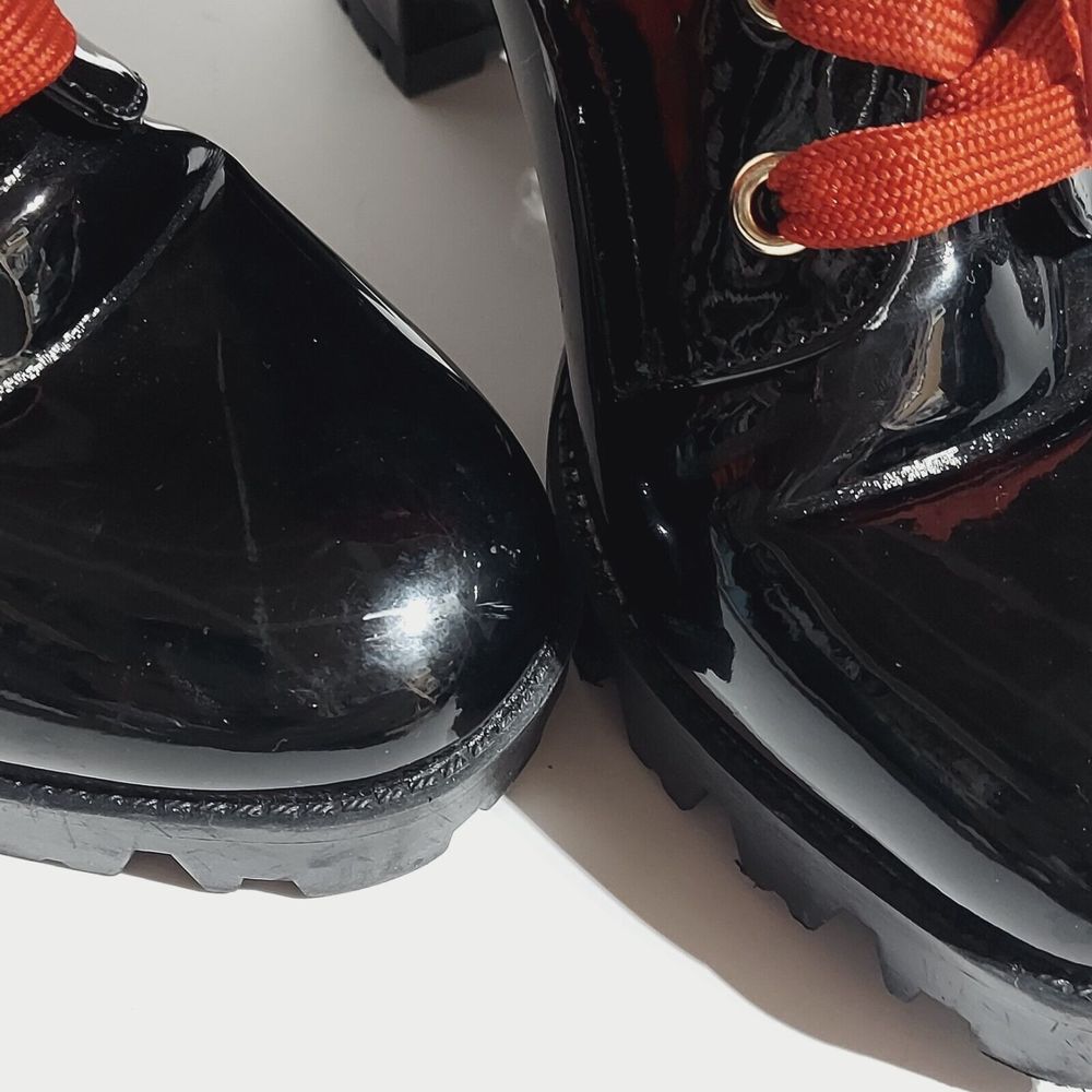 Forever 21 Chunky Heel Boots Shiny Black Red Laces Size 7.5 Lace Up - Picture 3 of 12